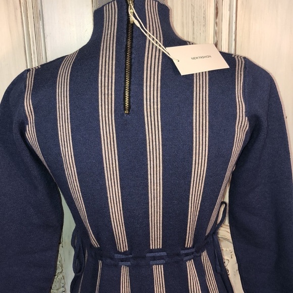 New Fashion Cadet Blue with Cream Strips Mock Neck Self Belts Long Sleeve Dress - Picture 10 of 12